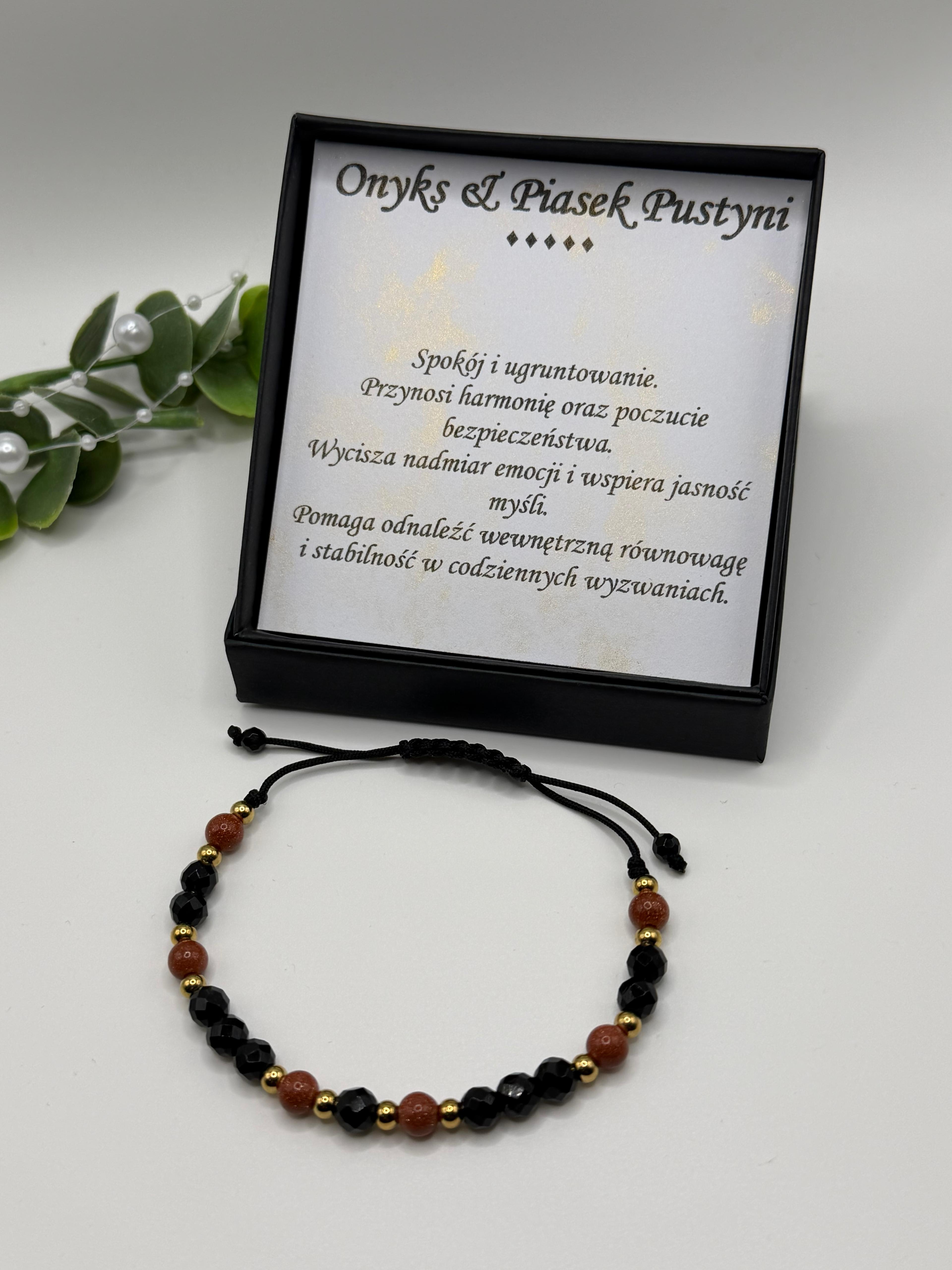 Bransoletka z onyksu i piasku pustyni wzór II ręcznie robiona — biżuteria naturalna AgereArt