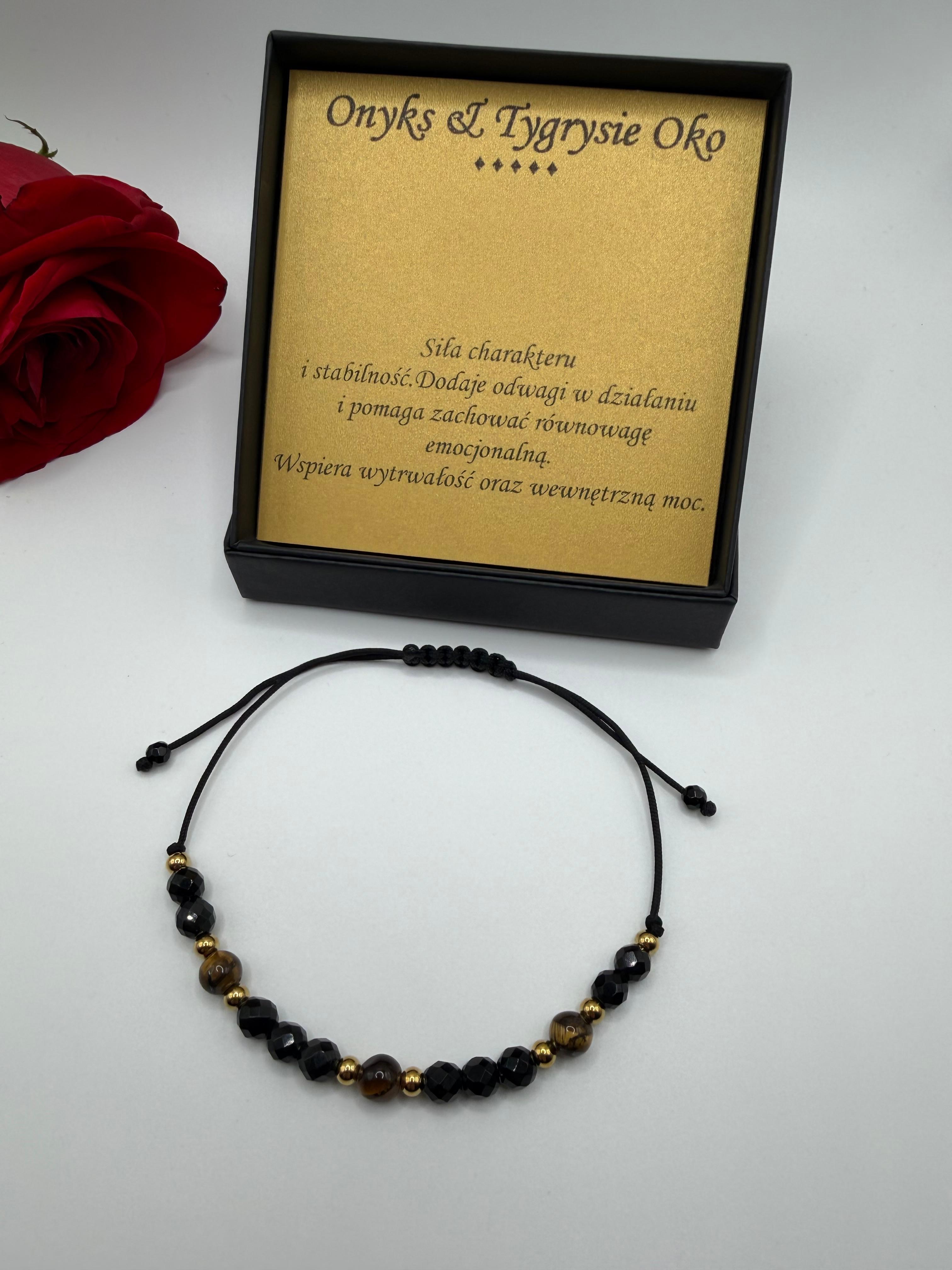 Bransoletka z onyksu i tygrysiego oka wzór X ręcznie robiona — kamienie naturalne AgereArt