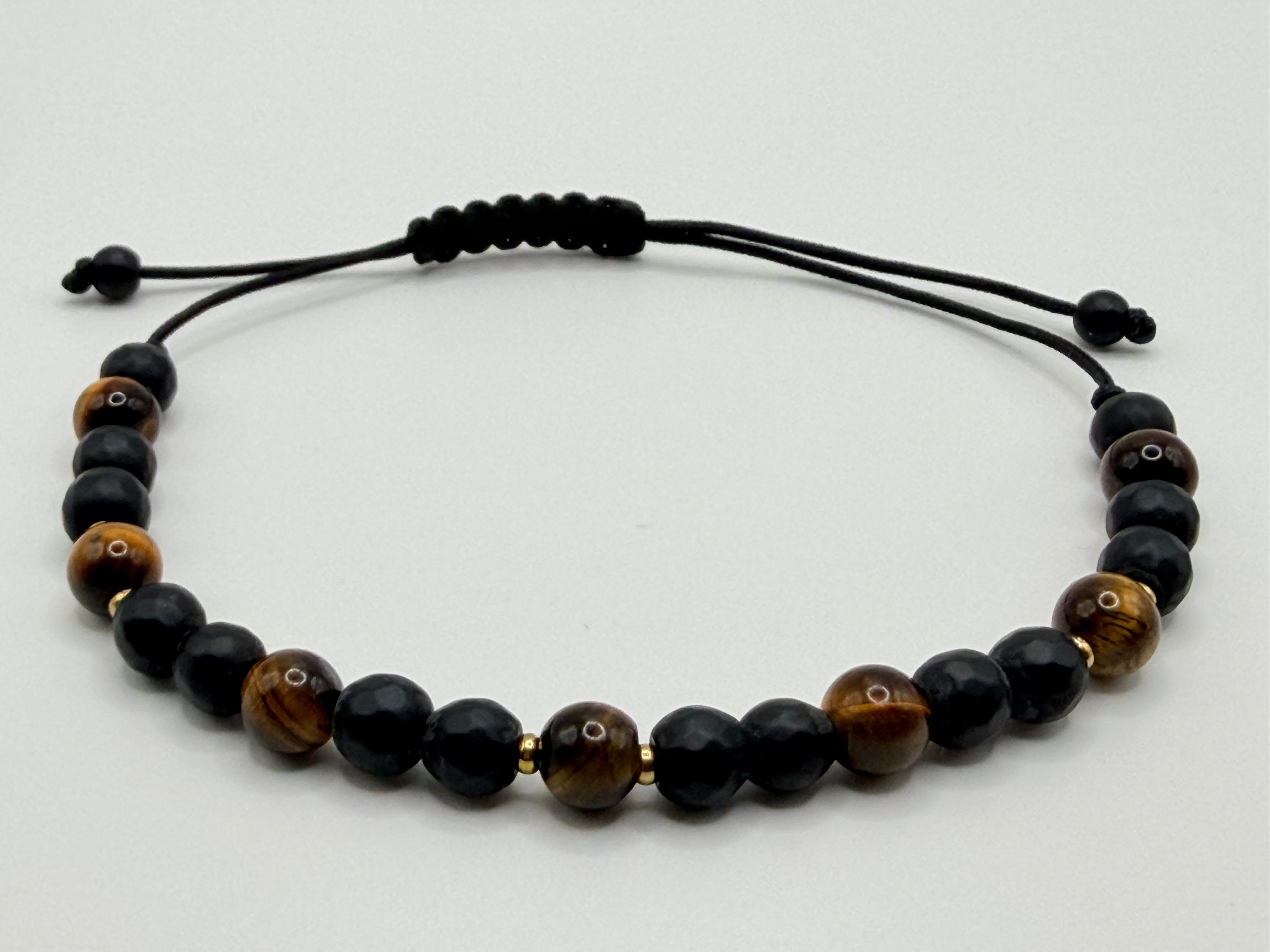 Bransoletka z onyksu i tygrysiego oka wzór II ręcznie robiona — złoty wojownik, biżuteria naturalna AgereArt