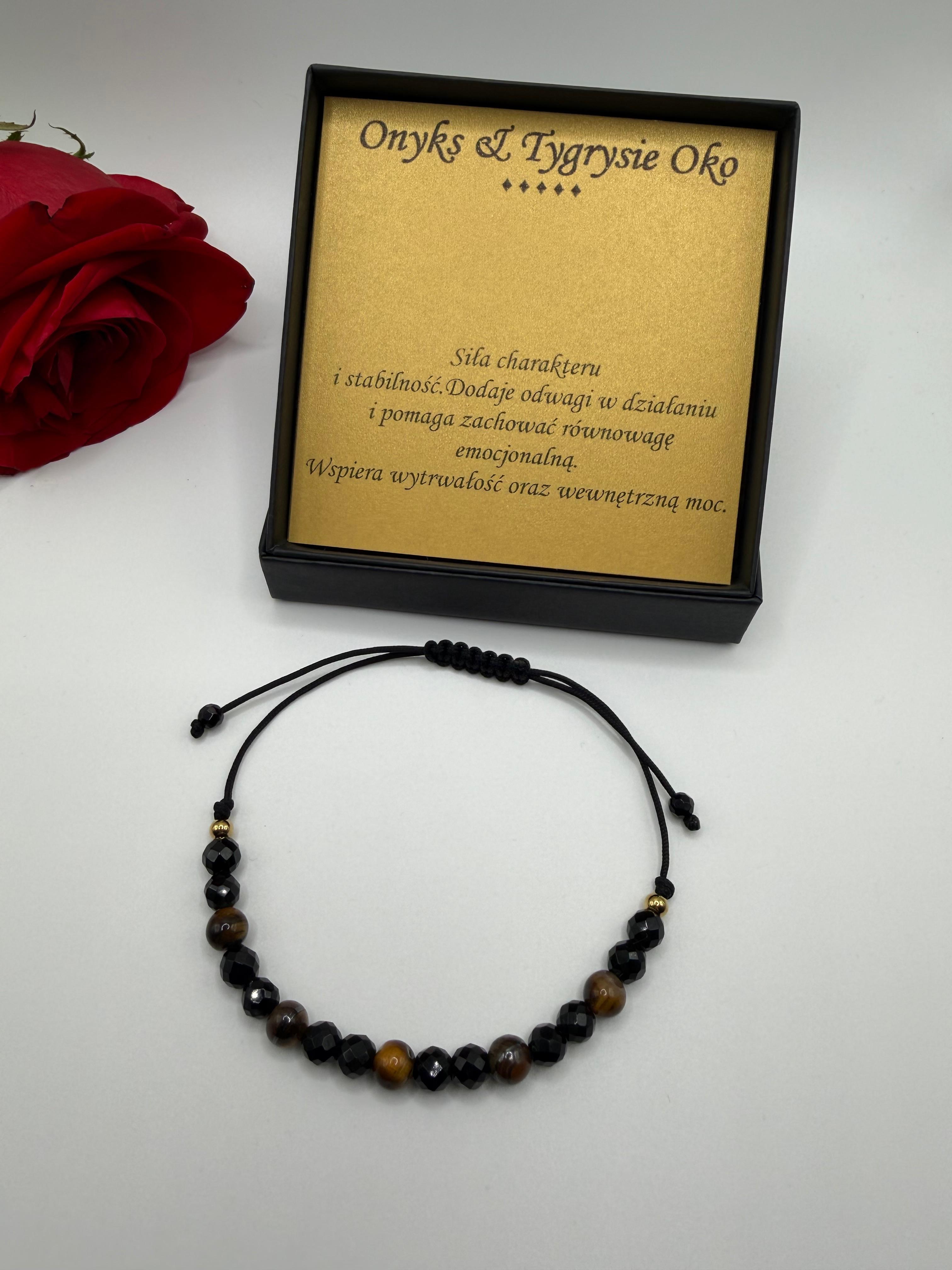 Bransoletka z onyksu i tygrysiego oka wzór IV ręcznie robiona — kamienie naturalne AgereArt