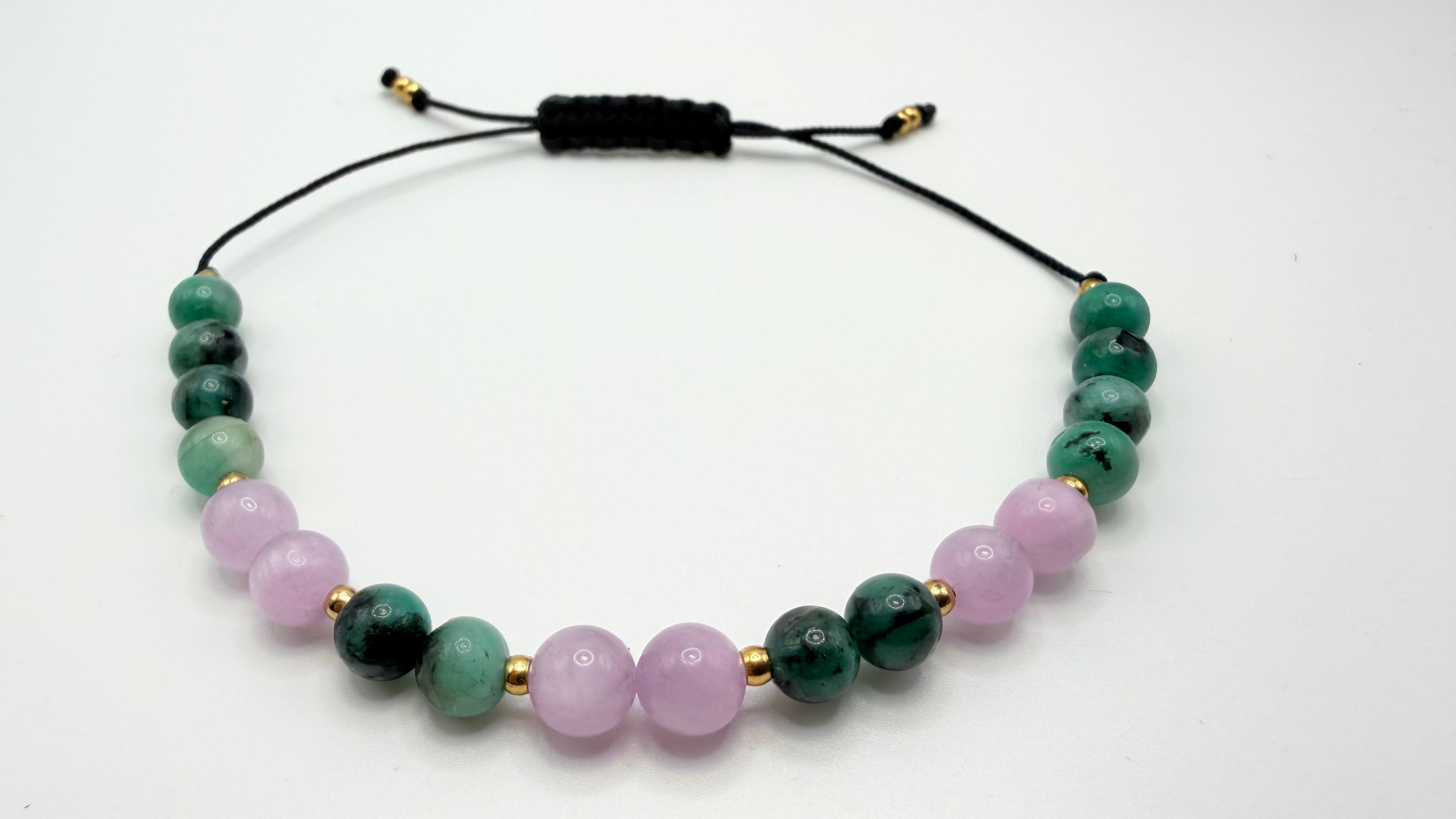 Bransoletka ze szmaragdu i kunzytu ręcznie robiona — serce i mądrość, luksusowa biżuteria z kamieni szlachetnych AgereArt